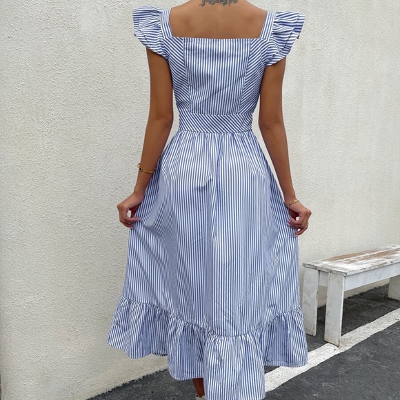 Boho Blue Stripes Ruffle Sleeve Button up Midi Dress - Picture 4 of 5